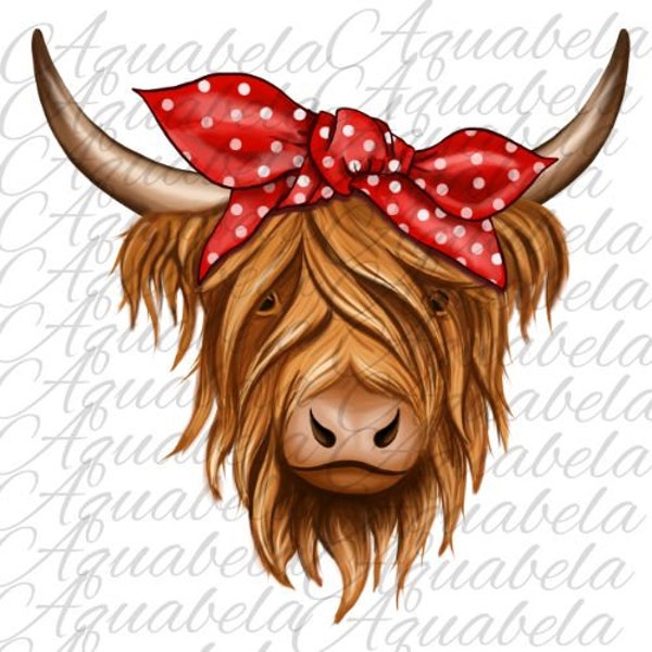 Highland Cow Western Design Red Bandana PNG - Digital Download for Sublimation