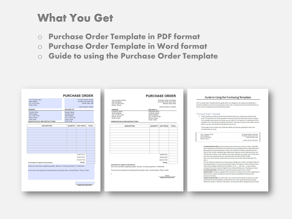 Purchase Order Form in PDF and Microsoft Word Editable Digital Download ...