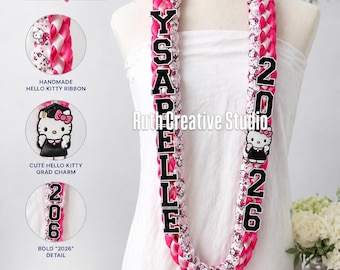 Lei de graduación HK Kitty, Lei de cinta de la clase de 2026, Lei de graduación con nombre personalizado, Lei de graduación rosa, Lindo regalo de graduación, Lei hecho a mano