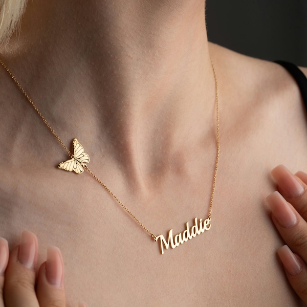 Birth Butterfly Name Necklace, Sterling Silver Minimalist Butterfly Necklace