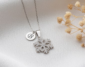 Snowflake Necklace With Initial, Snowflake jewelry gift for her