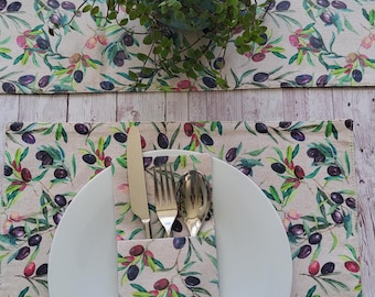 Handmade Olive Table Runner Set: Placemats & Cutlery Holders