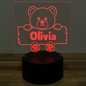 Personalized Teddy Bear, Giraffe, Monkey, Sloth, Lion, LED Night Light, Animal Holding Sign, Custom acrylic light, animal night light, sign