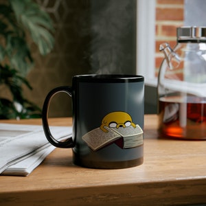 Adventure Time Jake Reading a Book Ceramic Mug 11oz 15oz, Cute Customized Cartoon Fan Art Lover Gifts, Unique Bookworm for Work Coffee Cups