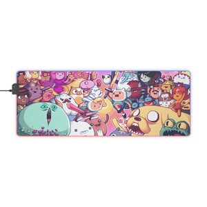 May include: A colorful mousepad featuring a variety of cartoon characters from the animated television series Adventure Time. The characters are arranged in a chaotic and playful manner, with a pink, blue, and yellow color scheme.