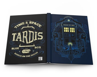 Doctor Who tardis box Hardcover Journal Matte, bigger on the inside, custom design tv show lover notebook, blue box art gift, time and space