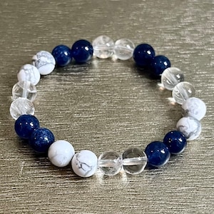 Howlite, Navy Chalcedony, and Clear Quartz Calming Powerhouse Natural Crystal Healing Bracelet
