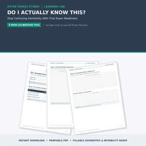 May include: A five-page printable PDF calibration tool titled Do I Actually Know This? featuring sections for pre-testing, closed-book blank-page recall, and Feynman plain language text exercises designed for exam readiness and study assessment.