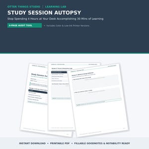 Könnte beinhalten: Ein vierseitiges Lern-Audit-Tool im PDF-Format. Das Dokument enthält Abschnitte für die Sitzungszeit, die Analyse von Fokus und Ablenkungen sowie die Reflexion der Methode. Der Text umfasst Study Session Autopsy und weitere Details.