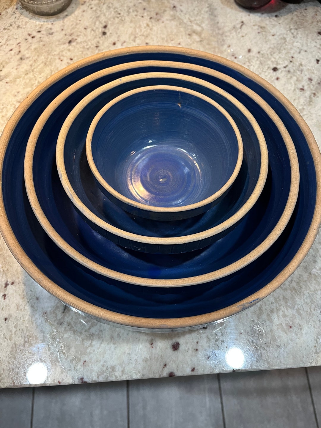 VARY VARY RARE Set of 4 clay City Pottery Blue Pickett Fence Stoneware