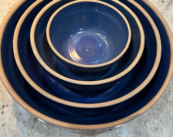 VARY VARY RARE set of 4 “Clay City Pottery” Blue Pickett Fence Stoneware Bowls