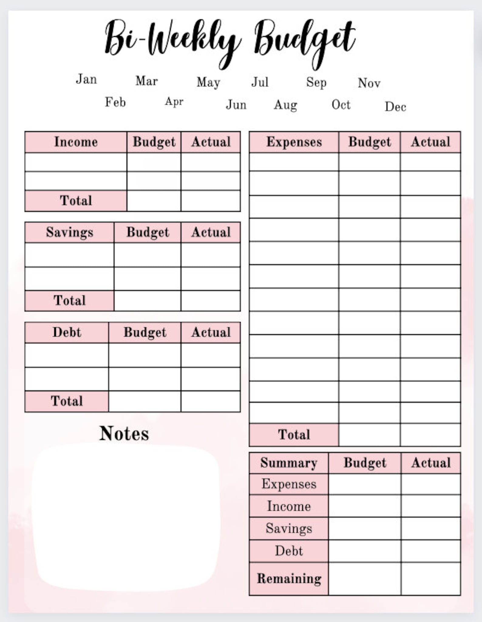 Printable Monthly Budget Template | Biweekly Budget Worksheet | Simple ...