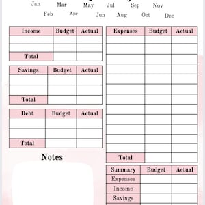 May include: A printable monthly budget planner with sections for income, savings, debt, and expenses. The planner includes columns for budget and actual amounts for each category, as well as a total summary section.