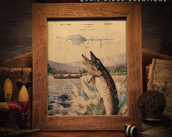 Pode incluir: Uma ilustração vintage de um peixe saltando para fora da água, com um barco ao fundo. A ilustração é emoldurada em uma moldura de madeira. O texto na ilustração diz "Oct. 1, 1928. C. T. PFLUEGER 1,730,333 Filed Aug. 11, 1904 Fe-1"