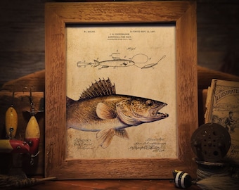 Vintage Fishing Lures Patent Art Print 8x10 Unframed Walleye Fishing Hunting Cabin Wall Decor