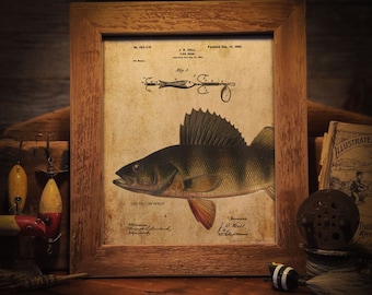 Vintage Fishing Lures Patent Art Print: Yellow Perch Cabin Decor (8x10 Unframed)