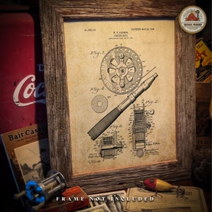 Póster vintage de patente de pesca con mosca, impresión artística de 11 x 14, sin marco, trucha de arroyo, pesca, caza, cabaña, casa del lago, obra de arte para decoración de pared