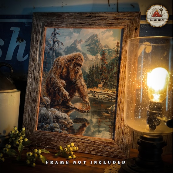 Vintage Bigfoot Art Print: Sasquatch Gold Panning Wall Decor