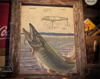 Vintage Muskie Fishing Lure Patent Art Print: Cabin Lake House Decor
