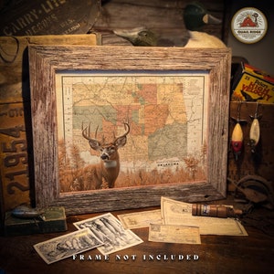 May include: A framed print featuring a vintage map of Oklahoma with a deer in the foreground. The frame is made of rustic, weathered wood. Additional vintage items, including fishing lures and documents, are arranged around the frame. The text "FRAME NOT INCLUDED" is visible.