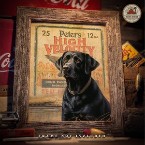 May include: A vintage-style poster featuring a black Labrador Retriever sitting in front of a hunting-themed illustration. The poster advertises "25 Peters 12 GA. HIGH VELOCITY" ammunition. The text "LONG RANGE SMOKELESS" is also visible.