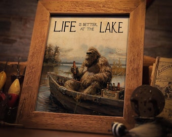 Sasquatch Fishing Art Print: Bigfoot Lake House Decor (8x10 Unframed)