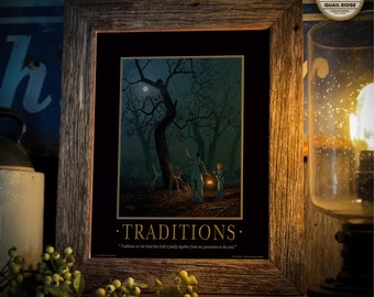 May include: A framed print with a dark background featuring a painting of a group of people standing in a forest at night. The moon is visible in the sky. The print has the text "TRADITIONS." and the quote "Traditions are the bond that hold a family together from one generation to the next." The frame is made of wood and has a rustic appearance. The text "FRAME NOT INCLUDED" is printed below the image.
