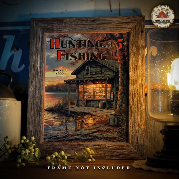 Vintage Hunting Fishing Magazine Cover Art Print 11x14 Inches Unframed Bait Shop Fishing Artwork Cabin Lodge Lake House Wall Decor