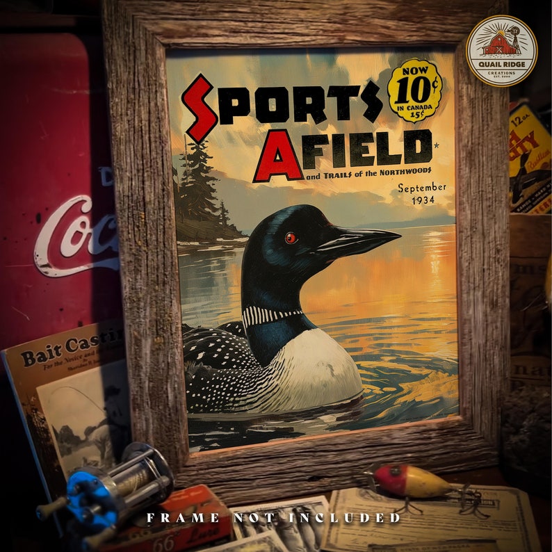 May include: A vintage magazine cover featuring a loon swimming in a lake with the title "Sports Afield and Trails of the Northwoods" in bold red and black lettering. The magazine cover is dated September 1934 and has a price of 10 cents.