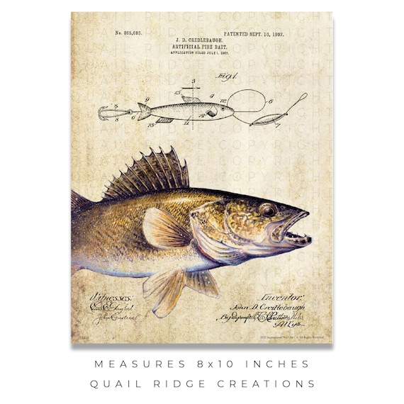 Vintage Fishing Lures Patent Art Print 8x10 Unframed Walleye