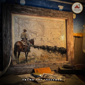 Vintage Wyoming Map Art Print: Cowboy, Cattle, Western Decor (11x14 Unframed)