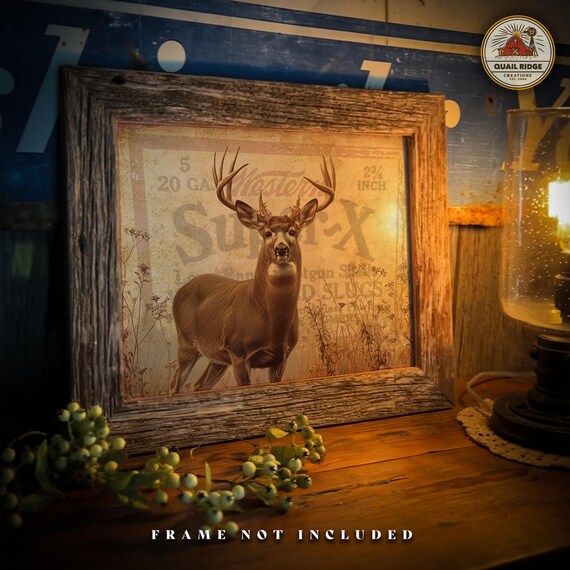 Shabbby Chic Stag Wood Vintage BOX FRAMED CANVAS ART