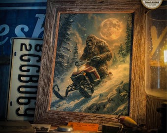 Sasquatch Snowmobile Art Print: Moonlight Rider, Back Country