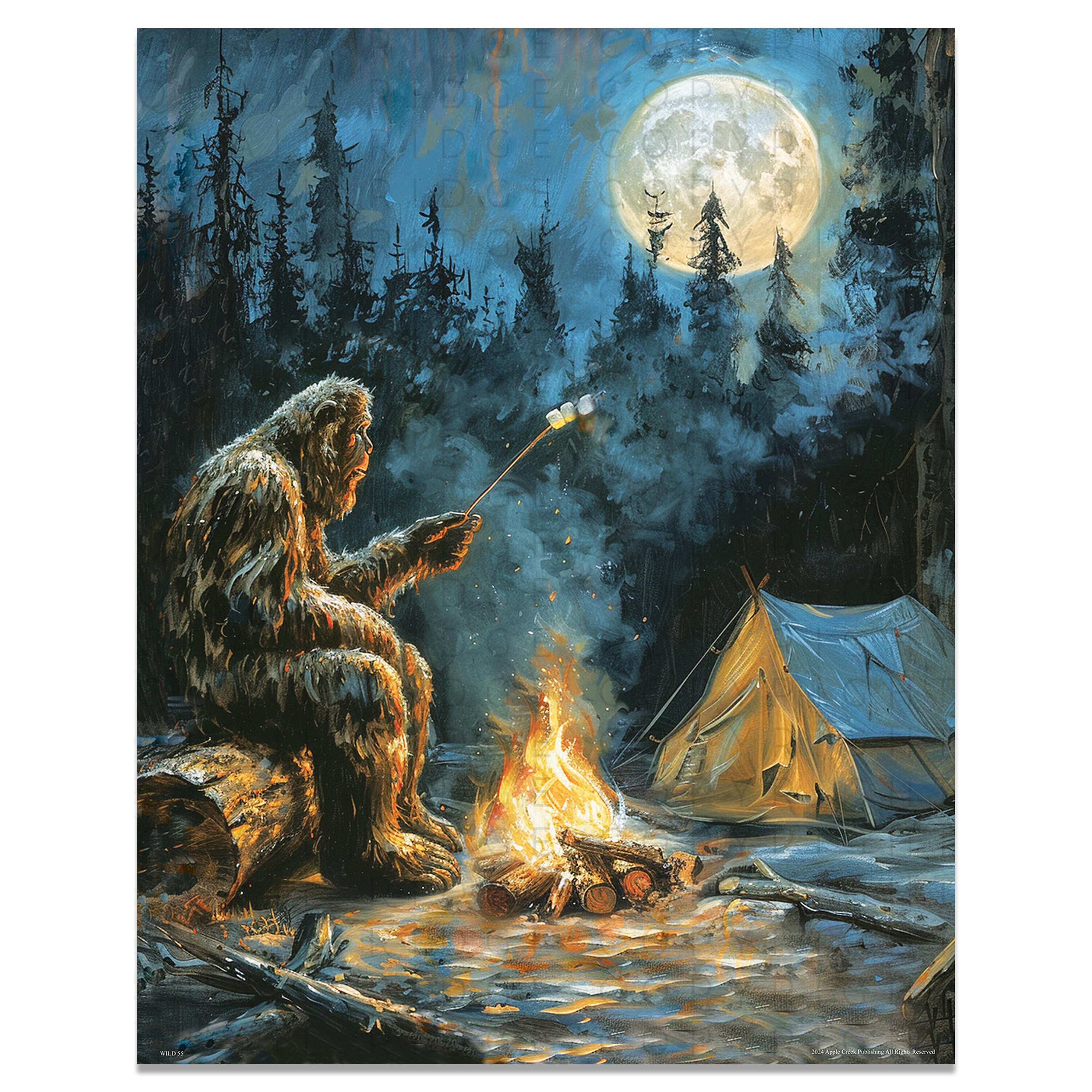 Sasquatch Camping Art Print: Midnight Visitor, Cabin Wall Decor
