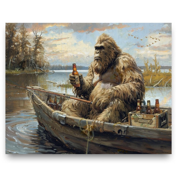 Sasquatch Fishing Art Print: Bigfoot With Beer, Cabin Wall Decor