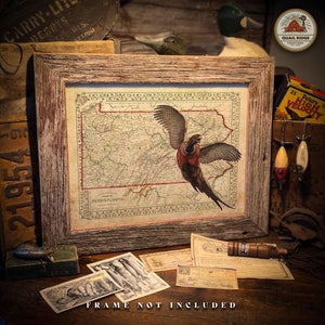 May include: A vintage map of Pennsylvania with a pheasant flying over it. The map is framed in a rustic wooden frame. The image includes the text "STATE OF PENNSYLVANIA".