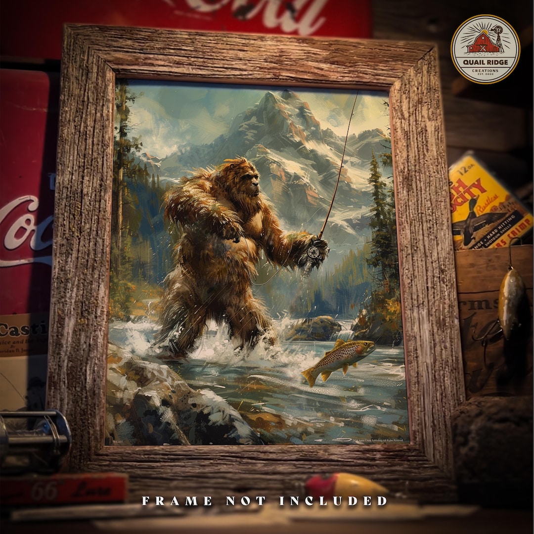 Vintage Sasquatch Fishing Art Print: Bigfoot Trout Decor (11x14