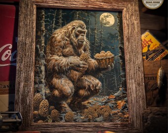 Morel Mushroom Art Print 11x14 Unframed Sasquatch Bigfoot Hunting Morel Mushrooms Artwork Fishing Cabin Wall Art Decor Mushroom Hunter Gift