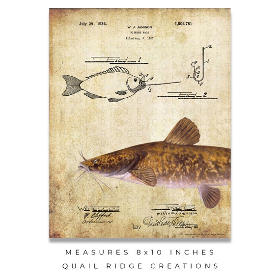 Vintage Fishing Lures Patent Art Print 8x10 Unframed Flathead Catfish  Fishing Hunting Cabin Wall Decor 