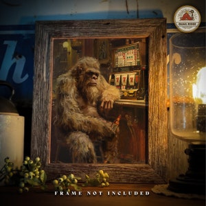 May include: A framed illustration of a large, furry creature sitting at a bar with a beer in hand. The creature is wearing a brown leather jacket and has a long, white beard. The bar is decorated with a vintage slot machine and a sign that reads "Lucky 7s".