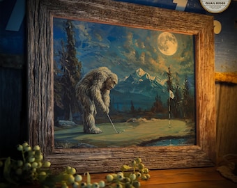 Vintage Sasquatch Bigfoot Art Print 11x14 Inches Unframed &quot;Bogey Putt&quot; Golfing Poster Artwork Golf Course Wall Decor Gift for Golfer
