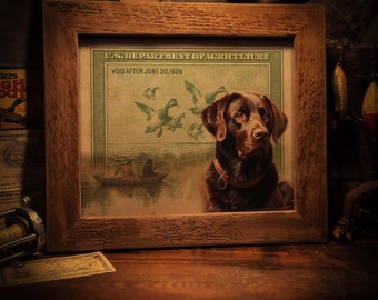 Vintage Chocolate Lab Duck Hunting Art Print: Cabin Wall Decor (8x10 Unframed)