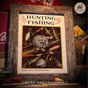 Señuelos de pesca vintage, Impresión artística, Portada de revista, 11 x 14 sin marco, Cabaña de caza de peces de lubina, Lodge, Casa del lago, Obra de arte, Decoración de pared, Regalo