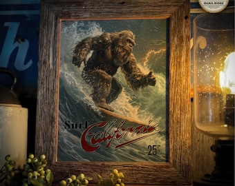 Póster vintage de surf Sasquatch Bigfoot, impresión artística de 11 x 14 pulgadas, sin marco, tabla de surf de California, obra de arte, decoración de pared para casa de playa, regalo para surfista