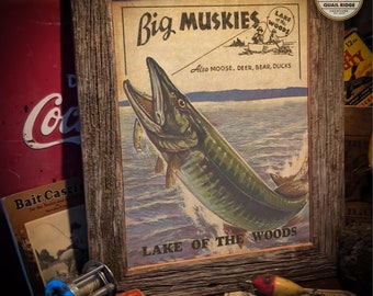 Vintage Wildlife Magazine Cover Poster Art Print 11X14 Unframed Lake of the Woods Muskie Fishing Hunting Cabin Lodge Lake House Wall Decor