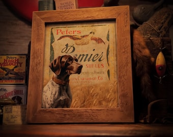 Op de afbeelding: Een ingelijst vintage reclame voor Peters Premier Shells rookloos kruit. De advertentie toont een bruin-witte Duitse Korthaar-hond die in een tarweveld staat. De hond kijkt naar rechts in de afbeelding. De advertentie toont ook een fazant in de vlucht.