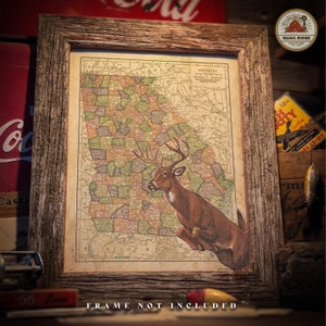 Vintage Georgia State Map Art Print 11X14 Unframed Wildlife Whitetail Deer Hunting Fishing Cabin Lodge Wall Decor Gift