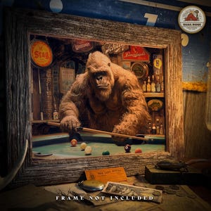 May include: A framed illustration of a large, brown gorilla playing pool in a bar. The gorilla is wearing a serious expression and is holding a pool cue. The bar is decorated with various signs and bottles of alcohol. The text "FRAME NOT INCLUDED" is printed below the image.