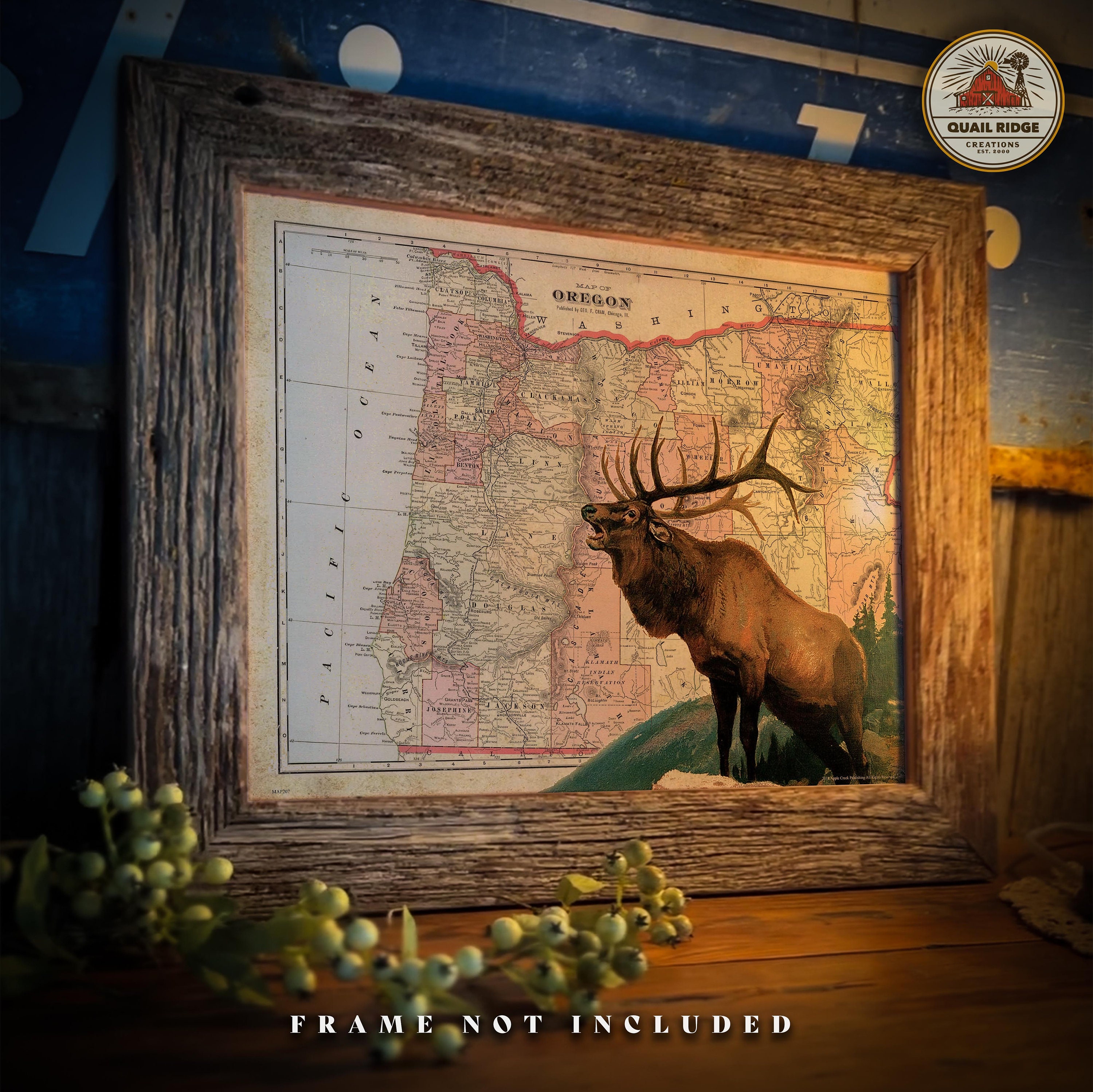 Vintage Oregon State Map Art Print: Wildlife Elk Cabin Wall Decor - Etsy