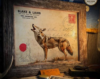 May include: A vintage-style postcard featuring a coyote howling at the moon. The postcard has a rustic brown frame and is surrounded by old-fashioned objects, including a pocket watch, a pair of glasses, and a few coins. The text on the postcard reads "BLAKE & LAMB STEEL GAME TRAPS AND ACCESSORIES THE HAWKINS CO. SOUTH BRITAIN, CONN." and "Arthur E. Molch 402 Walnut Place."